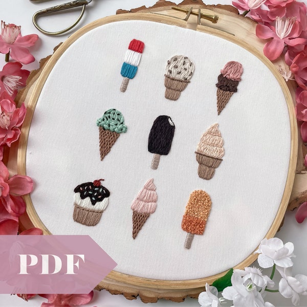 Eisdiele PDF-Anleitung, Handstickerei digitaler Download, buntes Muster mit Hot Fudge Sundae, Eis am Stil, Sommer, Sorbet, Sorbet