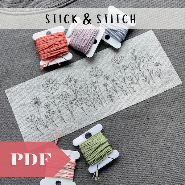 Digital Wildflower Fields Stick & Stitch Embroidery, Hand Embroidery Supplies, Floral Embroidery for Shirts and Sweatshirts, DIY