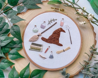 School of Magic Finished Embroidery Hoop, Hand Embroidered Design with Wizards, Potions, Spells, Wand, Sorting Hat, Books