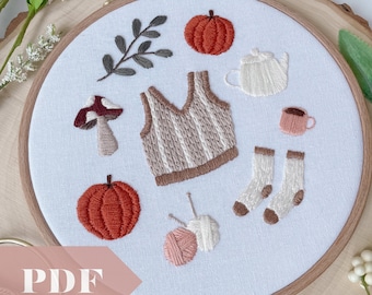 Cozy Autumn PDF Guide, Hand Embroidery Walkthrough, Mushrooms, Cottage Core Aesthetic, Coffee, Tea, Sweater, Socks, Pumpkins, Fall