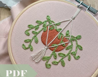 Mini Hanging Planter PDF Guide, Macrame Hanging Plants Embroidery Hoop Pattern, DIY Embroidery, Monstera, Pothos, Houseplants