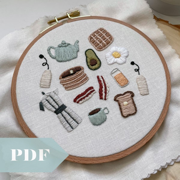 Sunday Brunch PDF Guide, Hand Embroidery Digital Download, Cozy Pattern with Coffee, Tea, Breakfast