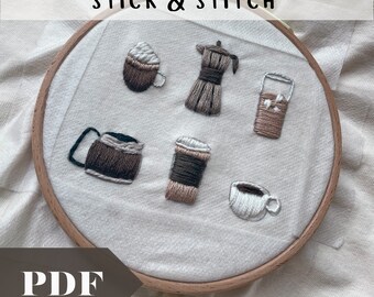 Digital Coffee Shop Stick & Stitch Embroidery, Hand Embroidery Supplies, Embroidery for Shirts and Sweatshirts, DIY for Coffee Lovers, Mocha