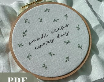 Small Steps Every Day PDF Guide, Motivational Embroidery Hoop with Dainty Font, Botanical Design, Simple and Elegant, Minimalist Decor