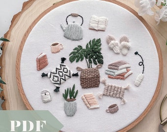 Cozy Homebody PDF Guide, Hand Embroidery Digital Download, Neutral Cozy Pattern with Coffee, Tea, Books, Candles, Pillow