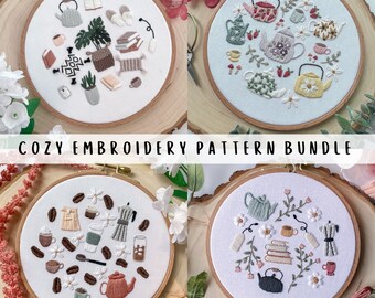 Four Cozy Embroidery Patterns BUNDLE PDF Guides, Discounted Prices, Sale, Hand Embroidery Digital Download, Coffee, Tea, Books, Flowers