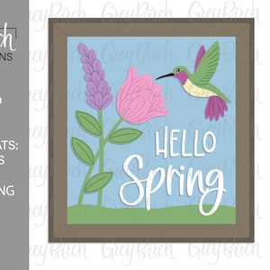 Spring Shelf Sitter Laser File | Hello Spring Sign | Laser Ready File |  Hummingbird SVG | Farmhouse Decor | Tulip SVG | Lavender SVG