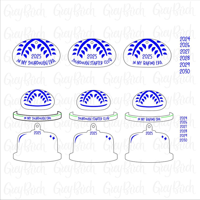 May include: A selection of white and blue laser-cut ornaments and tags. The ornaments display a blue design and the text "2025 IN MY SOURDOUGH ERA", "2025 SOURDOUGH STARTER CLUB", and "2025 IN MY BAKING ERA". The tags include the year 2025.