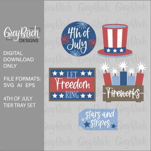 May include: A set of five 4th of July themed SVG files for a tiered tray. The designs include a red, white, and blue top hat with stars, a circle with the text "4th of July" and fireworks, a sign with the text "Let Freedom Ring" with stars, a box with the text "Fireworks" and fireworks, and a tag with the text "Stars and Stripes" with a star.