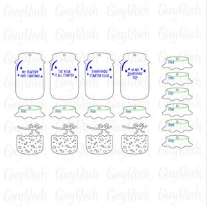 May include: Line art illustrations of sourdough starter jar tags, lids, and decorative elements. Text includes phrases like "My Starter's First Christmas" and "Sourdough Starter Club." Lids are labelled with years, including 2024, 2025, 2028, 2029, and 2030.