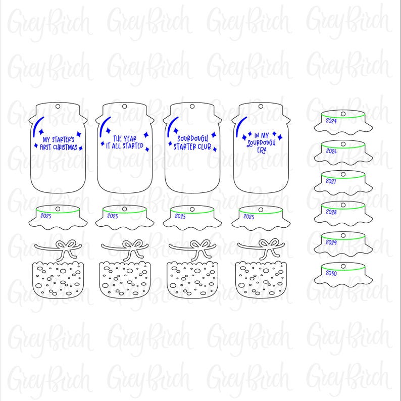 May include: Line art illustrations of sourdough starter jar tags, lids, and decorative elements. Text includes phrases like "My Starter's First Christmas" and "Sourdough Starter Club." Lids are labelled with years, including 2024, 2025, 2028, 2029, and 2030.