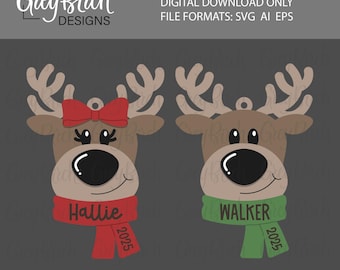 Personalized Reindeer Ornament Laser File | Christmas Ornament SVG | Boy and Girl Reindeer SVG | Name Ornament