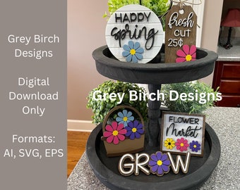 Bandeja de primavera con archivos láser / Decoración de primavera / Archivos listos para láser / Cesta de flores SVG / Margarita SVG / Mercado de flores SVG / Hola primavera