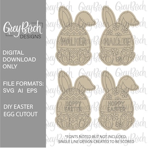 May include: A digital download of four Easter egg cutouts with bunny ears and feet. Two eggs are personalised with the names "WALKER" and "HALLIE", and two say "HOPPY EASTER". The design is in a neutral beige colour.