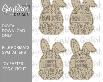 May include: A digital download featuring four Easter egg cutouts with bunny ears and feet. Two eggs have names, "WALKER" and "HALLIE", while the other two say "HOPPY EASTER". The design is in a neutral beige color.