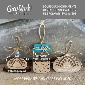 May include: Three sourdough-themed Christmas ornaments. One is a jar with a blue lid and the text "My Starter's First Christmas". Another is a loaf of bread with the text "In My Sourdough Era". The third is a sourdough starter club ornament.