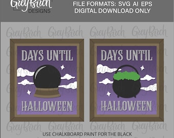 Archivo láser para estante de cuenta regresiva de Halloween / Pizarra de cuenta regresiva / Letrero de días hasta Halloween / Caldero SVG / Bola de cristal SVG