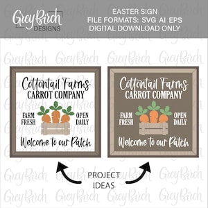 Op de afbeelding: Een digitale download van twee bruine houten borden met de tekst "Cottontail Farms Carrot Company" en "Welkom op onze patch". De borden bevatten een cartoonafbeelding van een krat met wortels en groene bladeren.