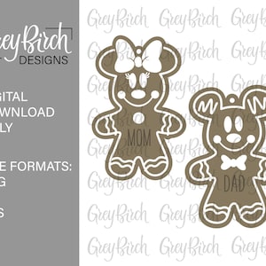 May include: Two gingerbread cookie ornaments shaped like Mickey Mouse. The ornament on the left says "MOM" and the ornament on the right says "DAD".