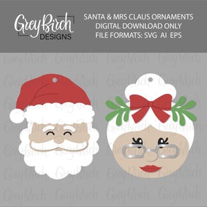 サンタとクラウス夫人のオーナメント レーザーファイル | クリスマスデコレーション | サンタの頭 SVG | クラウス夫人の頭 SVG | クリスマスオーナメント レーザー準備済みデザイン
