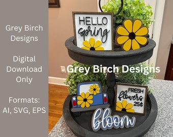 Archivo láser de bandeja de niveles de primavera / Decoración de primavera / Archivos listos para láser / Camión de flores SVG / Bloom SVG / Flores frescas / Hola primavera SVG