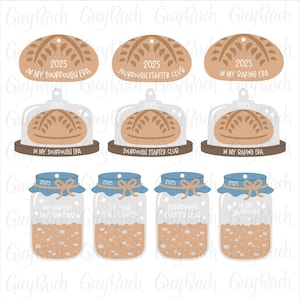 May include: A selection of digital art pieces with a sourdough theme. The image features bread-shaped ornaments with text, bread under glass domes, and jars with text and a sourdough starter appearance. The text includes "2025", "Sourdough Starter Club", and "In My Baking Era."