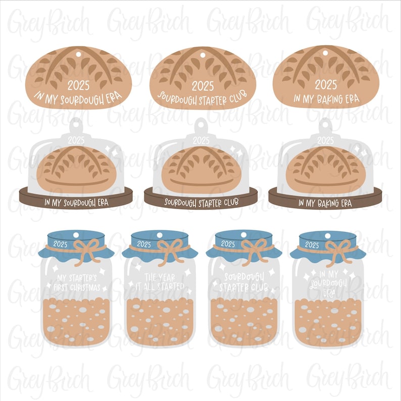 May include: A selection of digital art pieces with a sourdough theme. The image features bread-shaped ornaments with text, bread under glass domes, and jars with text and a sourdough starter appearance. The text includes "2025", "Sourdough Starter Club", and "In My Baking Era."