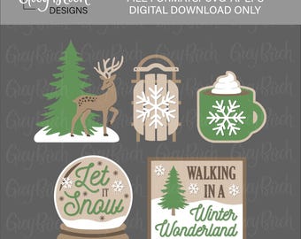 Bandeja escalonada de invierno en el bosque / Archivos de corte láser "Que nieve" / Decoración de paraíso invernal / Taza con trineo de renos y bola de nieve SVG