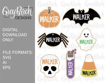 May include: A set of ten Halloween-themed SVG cut files featuring various designs, including a pumpkin, bat, spider, ghost, skull, and candy corn. Each design includes the name "WALKER" in a different color and font style.