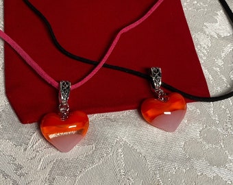 Red, Pink, glass heart pendant, choker, necklace, Murano inspired,