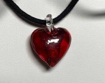 Red glass heart pendant, choker, necklace, wrap, Murano inspired,