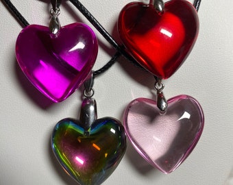 Glass heart pendant, necklace, Y2K grunge love necklace, red, pink