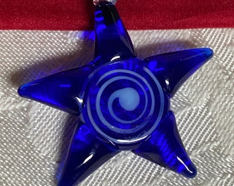 Blue glass star pendant, necklace, Blue corded star pendant