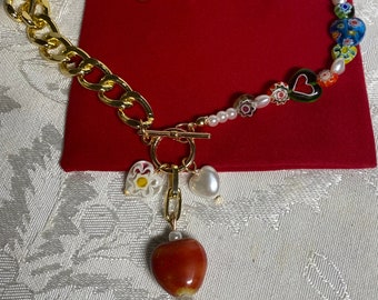 Pendentif Verre Style Murano Vintage Rouge, Blanc Et Feuille D'or En Forme De Cœur - Occasion