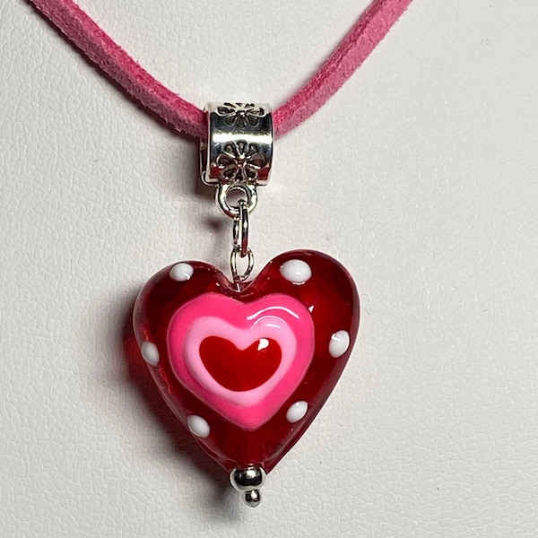 Red, Pink, glass heart pendant, choker, necklace, Murano inspired,