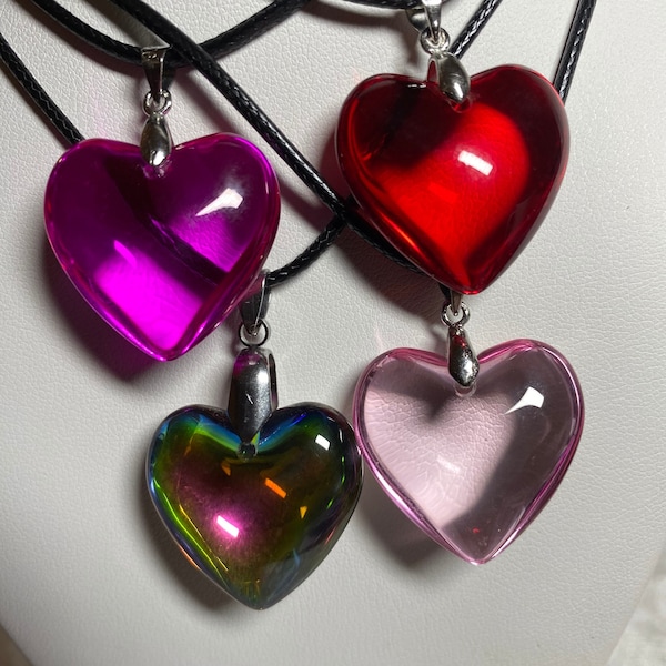 Glass heart pendant, necklace, Y2K grunge love necklace, red, pink