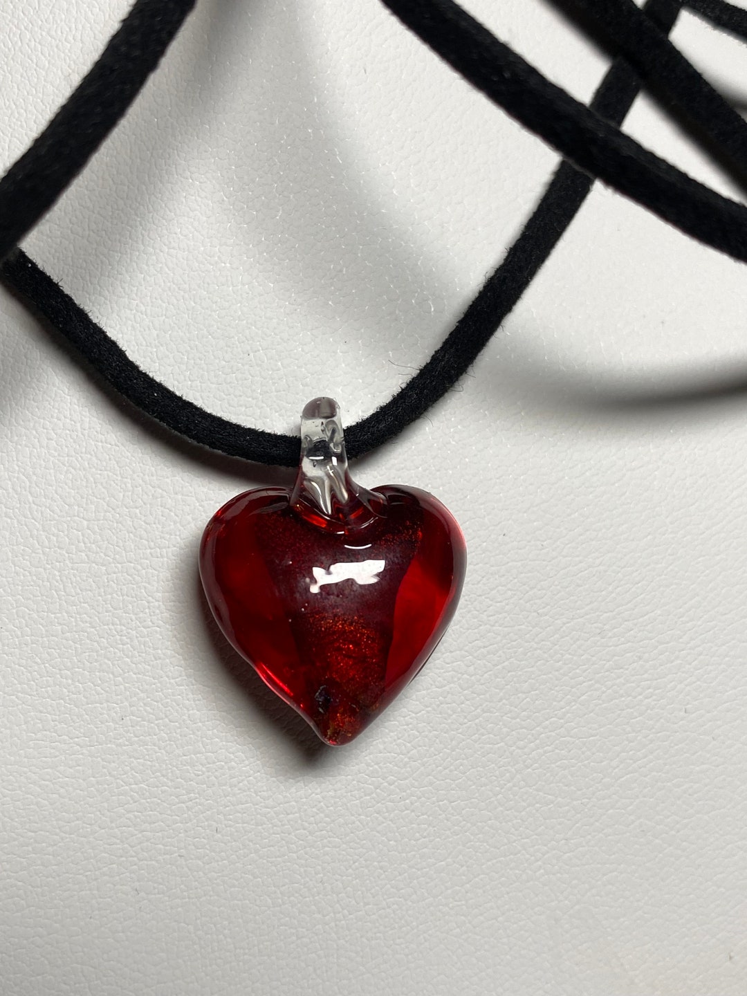 Red Glass Heart Pendant, Choker, Necklace, Wrap, Murano Inspired, Etsy