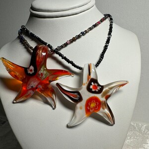 Murano style glass starfish pendant, necklace, choker, clavicle, millefiore floral glass star, glass beaded cord