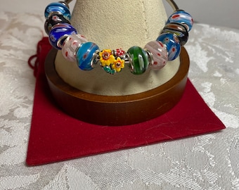 Armreif, Cuff, Bettelarmband, Millefiore Glasperlen, Herz Bettelarmband
