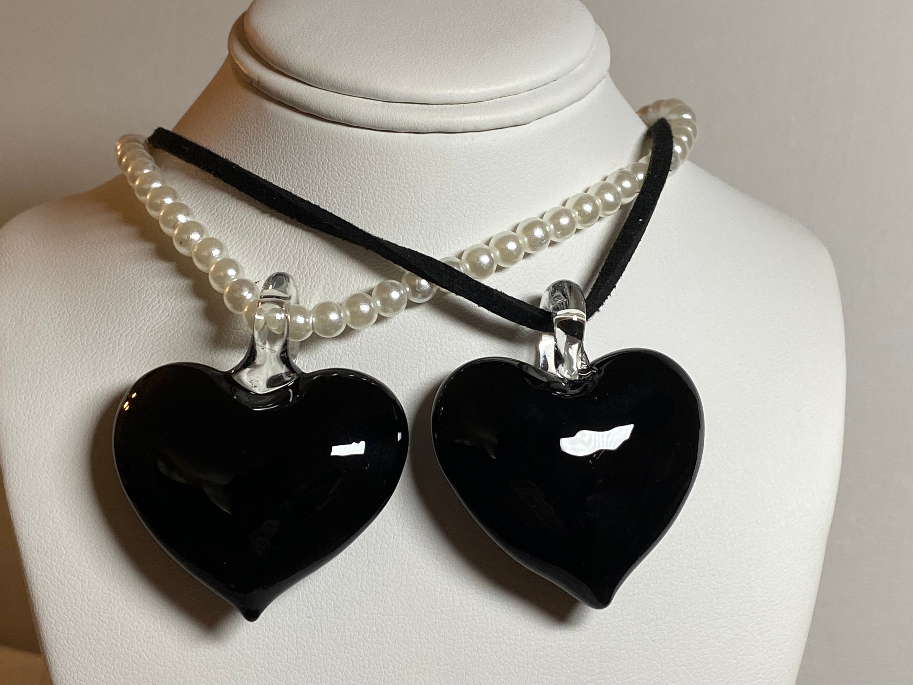 Murano Inspired, Large Black Heart Shaped Glass Pendant