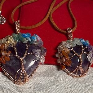 Amethyst heart shaped pendant necklace, 7 Chakra crystal stone tree of life