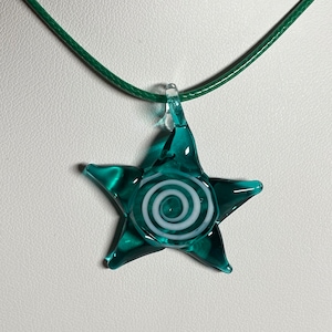 green glass star pendant, necklace, green corded star pendant