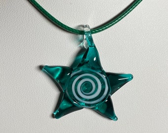 green glass star pendant, necklace, green corded star pendant