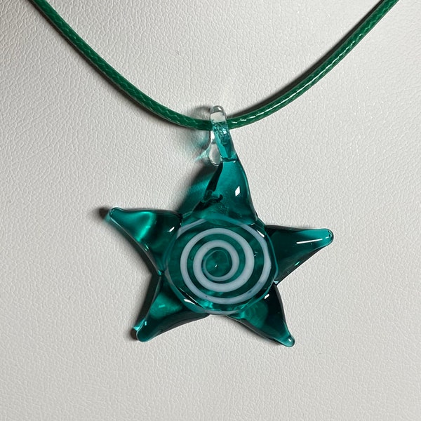 green glass star pendant, necklace, green corded star pendant