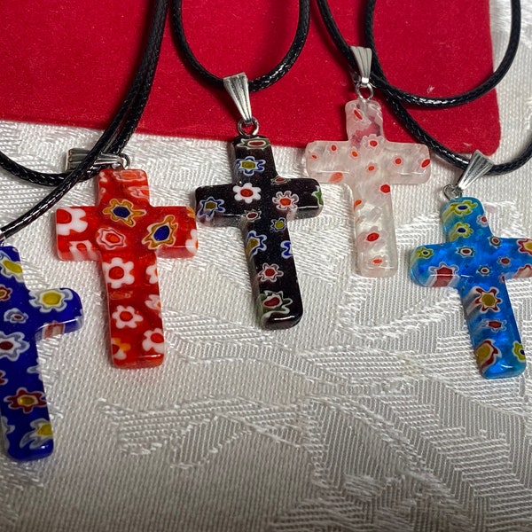 Collier, pendentif floral croix de Murano en verre, première communion, baptême, religieux, art déco