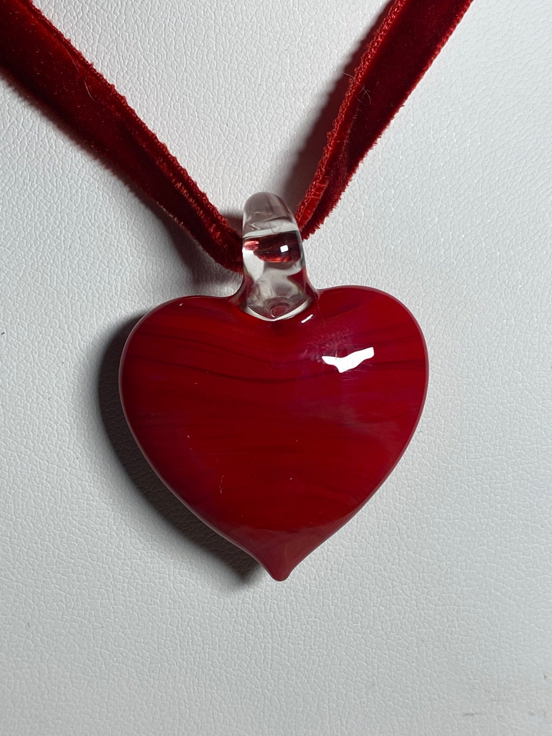 Murano Inspired, Red Heart Shaped Glass Pendant, Choker, Wrap, Necklace