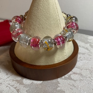 Charm bracelet, sparkling Pink and Silver glass beaded,