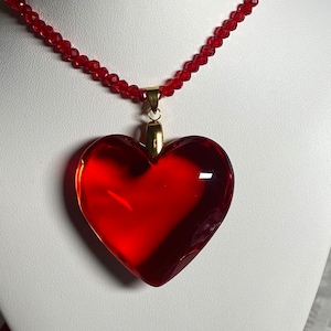 Large chunky red glass heart pendant, necklace, puffy heart,  Y2K, love, grunge necklace