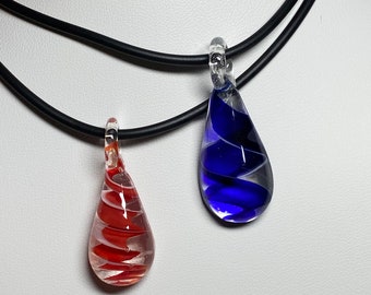 Murano inspired, teardrop glass blue or orange pendant, necklace, spiral design