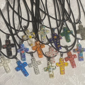 Necklace, Murano cross floral glass pendant, First communion, Baptism, religious, art deco